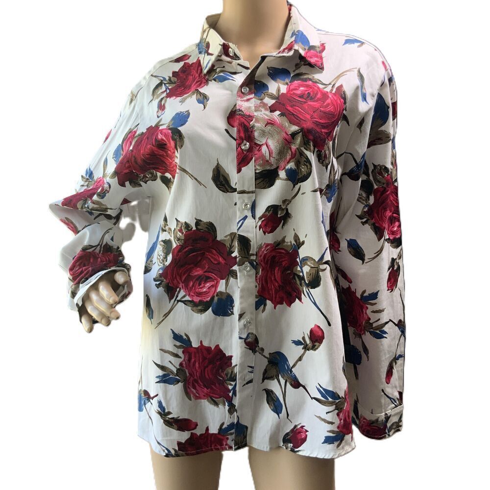 Womens White Multi Floral Print Long Sleeve Button Up Cottagecore Shirt‎ Small